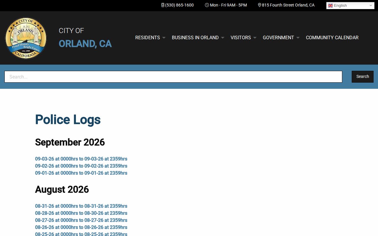 Orland Police Logs used with the Glenn County arrest blotter