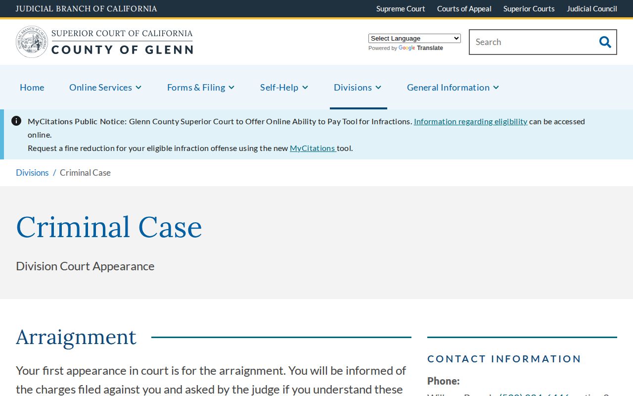 Glenn County Superior Court criminal case information page