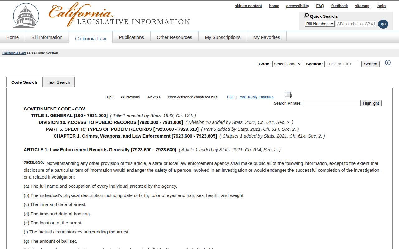 California public arrest information law relevant to Glenn County booking records