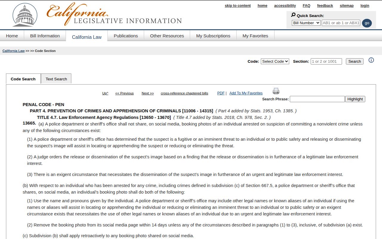 California Penal Code section 13665 official page on booking photo publication
