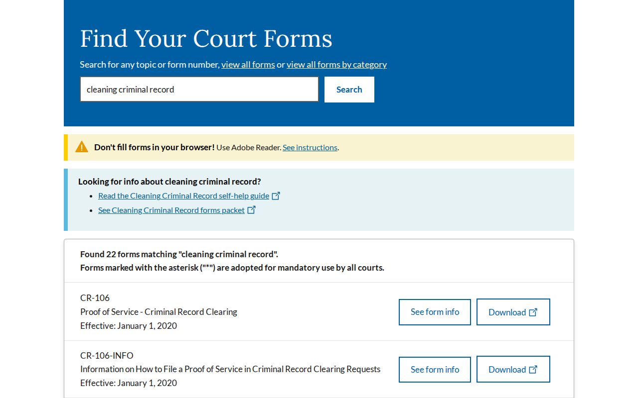 California Courts official criminal record cleaning forms search