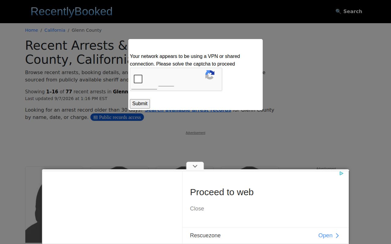 RecentlyBooked Glenn County page shown as an unofficial secondary source
